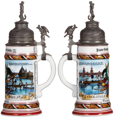 Regimental stein, .5L, 11.8" ht., porcelain, Pionier Versuchskompagnie, Berlin, 1907 - 1909, two side scenes, roster, eagle thumblift, named to: Pionier Grimsehl, minor pewter tear & line in lithophane.  - 2