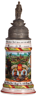 Regimental stein, .5L, 11.9" ht., porcelain, 1. Comp., Inft. Regt. Nr. 169, Lahr, 1908 - 1910, four side scenes, roster, griffin thumblift, named to: Reservist Ammann, roster wear, otherwise mint.