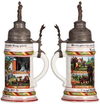 Regimental stein, .5L, 11.9" ht., porcelain, 1. Comp., Inft. Regt. Nr. 169, Lahr, 1908 - 1910, four side scenes, roster, griffin thumblift, named to: Reservist Ammann, roster wear, otherwise mint. - 2