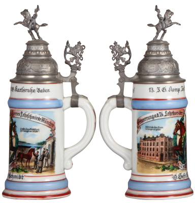 Third Reich stein, .5L, porcelain, 13. Comp., Inft. Regt. Nr. 109, Karlsruhe/Baden Erinnerung a.d. 76. Lehrkurs der Heeres Lehrschmiede München, 1.2.1937 - 31.5.1937, owner's name, mint. - 2