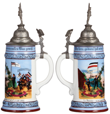 Regimental stein, .5L, 11.2" ht., porcelain, S.M.S. Niobe, 1905 - 1908, two side scenes, eagle thumblift, named to: Res, F. Gebhardt, lithophane repaired. - 2