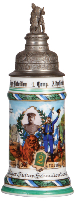 Regimental stein, .5L, 11.2" ht., porcelain, 1. Comp., bayr. 2. Jäger Bataillon, Aschaffenburg, 1903 - 1905, two side scenes, roster, lion thumblift, named to: Jäger Gustav Schmalenberger, small pewter tear, lithophane lines.