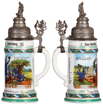 Regimental stein, .5L, 11.2" ht., porcelain, 1. Comp., bayr. 2. Jäger Bataillon, Aschaffenburg, 1903 - 1905, two side scenes, roster, lion thumblift, named to: Jäger Gustav Schmalenberger, small pewter tear, lithophane lines. - 2