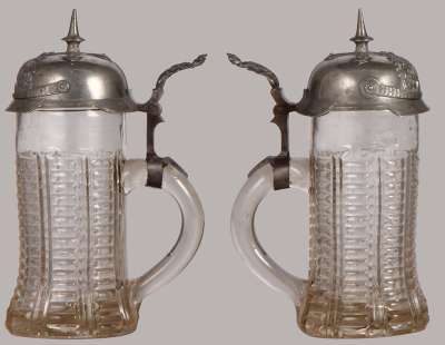 Glass stein, .5L, mold blown, Bavarian Pickelhaube lid, Bavarian thumblift, visually perfect pewter repair, otherwise mint. - 2