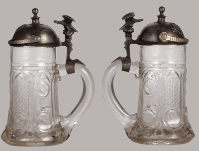 Glass stein, .5L, mold blown, Prussian Pickelhaube lid, eagle thumblift, visually perfect pewter repair, otherwise mint. - 2