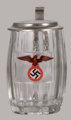 Third Reich stein, .5L, glass, transfer & hand-painted, enameled Adler & swastika, pewter lid with inscription: Gewidmet zum 25 jähr Dienstjubiläum, Fam. Diepolder, mint.