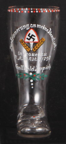 Third Reich glass boot, 7.5" ht., hand-painted, enameled, R.A.D. Abt. 7/293 in Frauenau, owner's name, mint.