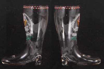 Third Reich glass boot, 7.5" ht., hand-painted, enameled, R.A.D. Abt. 7/293 in Frauenau, owner's name, mint. - 2