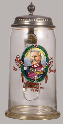 Military stein, 1.0L, glass, Der Besieger, Der Russen in Ostpreussen, 1914, v. Hindenburg, pewter lid, mint.