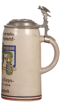 Military stein, 1.0L, stoneware, der Garde du Corps, Potsdam, 1911 - 1914, Reservist Wilhelm Wimbeck, relief pewter lid: Wilhelm II, very rare and unusual, mint. - 2