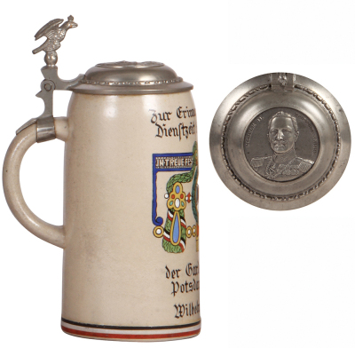 Military stein, 1.0L, stoneware, der Garde du Corps, Potsdam, 1911 - 1914, Reservist Wilhelm Wimbeck, relief pewter lid: Wilhelm II, very rare and unusual, mint. - 3