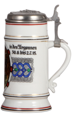 Military stein, .5L, porcelain, Argonnen 30.6. bis 2.7.15, relief pewter lid: Wilhelm II, mint. - 2