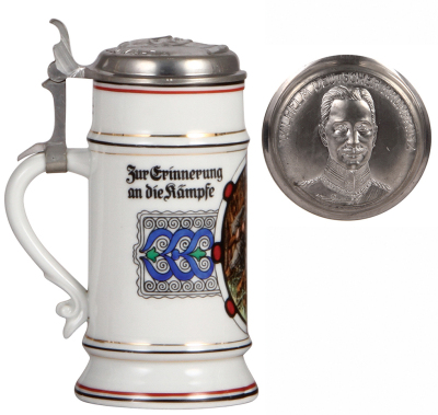 Military stein, .5L, porcelain, Argonnen 30.6. bis 2.7.15, relief pewter lid: Wilhelm II, mint. - 3