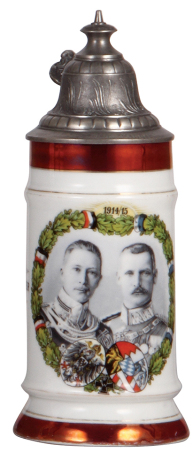 Military stein, .5L, porcelain, Aus Grosser Zeit, Weltkrieg 1914 - 1915, pewter lid, mint.