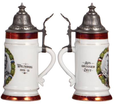 Military stein, .5L, porcelain, Aus Grosser Zeit, Weltkrieg 1914 - 1915, pewter lid, mint. - 2