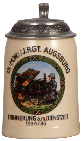 Third Reich stein, .5L, pottery, 13. [M.W.] I. Regt. Augsburg, 1934 - 1935, owner's name, pewter lid with relief helmet with swastika, good repair of pewter tear, body mint.