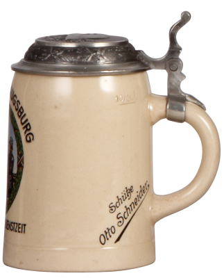 Third Reich stein, .5L, pottery, 13. [M.W.] I. Regt. Augsburg, 1934 - 1935, owner's name, pewter lid with relief helmet with swastika, good repair of pewter tear, body mint. - 2