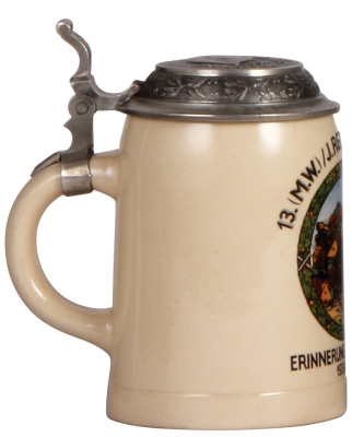 Third Reich stein, .5L, pottery, 13. [M.W.] I. Regt. Augsburg, 1934 - 1935, owner's name, pewter lid with relief helmet with swastika, good repair of pewter tear, body mint. - 3