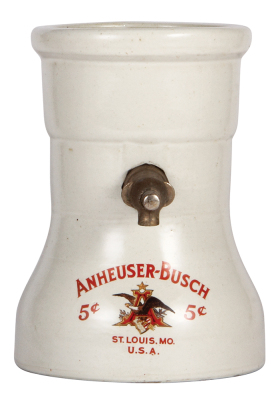 Stoneware dispenser, 9.7'' ht., 7.1'' base d., marked Patented December 5th, 1919, Cordley & Hayes, New York, Anheuser-Busch St. Louis, MO, U.S.A., 5¢, original mechanism, two faint hairlines, otherwise very good condition.
