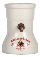 Stoneware dispenser, 9.7'' ht., 7.1'' base d., marked Patented&nbsp;December 5th, 1919, Cordley & Hayes, New York, Anheuser-Busch&nbsp;St. Louis, MO, U.S.A., 5&cent;, original mechanism, two faint hairlines, otherwise very good condition.