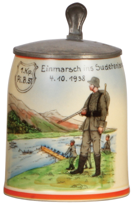 Third Reich stein, .5L, pottery, 1. Kp., Pion. B. 57, Einmarsch ins Sudetenland 4.10.1938, owner's name, pewter lid, mint,
