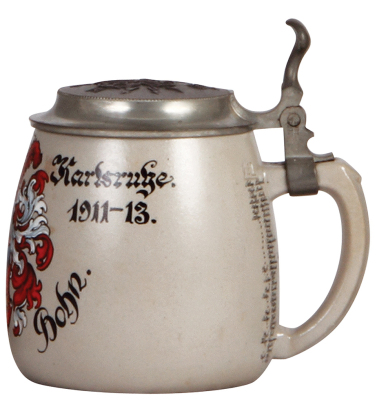 Regimental stein, .5L, 5.8" ht., stoneware, 1. Komp., Telegr. Batt. Nr. 4, 1911 - 1913, no side scenes, roster, plain thumblift, named to: Reservist Bohn, mint. - 2