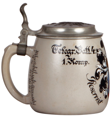 Regimental stein, .5L, 5.8" ht., stoneware, 1. Komp., Telegr. Batt. Nr. 4, 1911 - 1913, no side scenes, roster, plain thumblift, named to: Reservist Bohn, mint. - 3