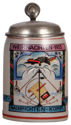 Third Reich stein, .5L, stoneware, Luftnachrichten-Komp. München, 1935, owner's name, pewter lid with relief pilot, mint.