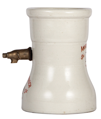 Stoneware dispenser, 9.7'' ht., 7.1'' base d., marked Patented December 5th, 1919, Cordley & Hayes, New York, Anheuser-Busch St. Louis, MO, U.S.A., 5¢, original mechanism, two faint hairlines, otherwise very good condition. - 2