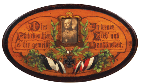 Military commemorative plaque, 11.5" x 19.5", wood, painted and pyrography, photograph, 1914, good condition.