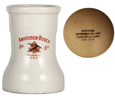 Stoneware dispenser, 9.7'' ht., 7.1'' base d., marked Patented December 5th, 1919, Cordley & Hayes, New York, Anheuser-Busch St. Louis, MO, U.S.A., 5¢, original mechanism, two faint hairlines, otherwise very good condition. - 3