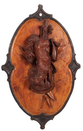 Black Forest wood game plaque, 27.0" x 1`7.5", carved in Switzerland, c.1910, Lindenholz, hunter's equipment with fox, very good condition. 