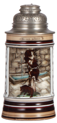 Porcelain stein, .5L, transfer & hand-painted, Souvenir de Berne, three bears climbing a tree in the Bärengrube in Bern Switzerland which is the origin of bear wood carvings from Brienz Switzerland, pewter lid, rare, mint.