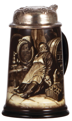 Porcelain stein, .5L, transfer & hand-painted, marked C.A.C. Lenox, a drunken monk in the cellar, sterling silver lid, mint.