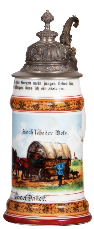 Porcelain stein, .5L, transfer & hand-painted, Occupational Bote [Young Delivery Man with dog], pewter lid, very rare, mint.