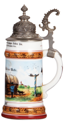 Porcelain stein, .5L, transfer & hand-painted, Occupational Bote [Young Delivery Man with dog], pewter lid, very rare, mint. - 2