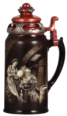 Porcelain stein, 1.0L, transfer & hand-painted, marked C.A.C. Lenox, monk receiving a meal, copper & sterling silver lid, mint.