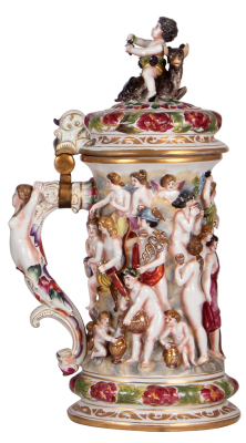 Porcelain stein, 15.8" ht., hand-painted & relief, marked N with crown, Capo-di-Monte, porcelain hinged lid, excellent repair of lid hairline & chips, arm break glued.