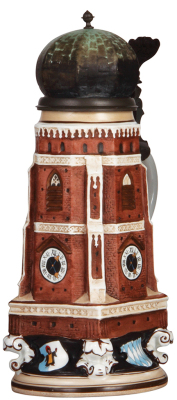 Character stein, 1.0L, porcelain, marked Martin Pauson, München, Frauenkirche Church Tower, inlaid lid, mint.