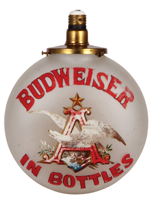 Anheuser-Busch Drum Sign Lamp, 10.5" x 8.3", glass frosted finish, transfer lithograph, brass fixture, also included are original mounting instructions, lithograph wear, paper instructions are torn.