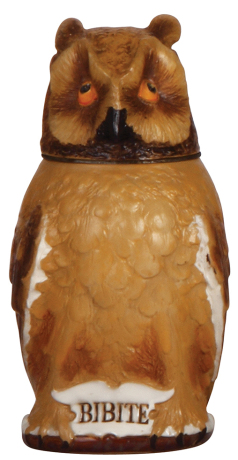 Mettlach stein, .5L, 2036, Character, Owl, inlaid lid, mint.