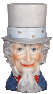 Character stein, .5L, porcelain, by Schierholz, modern version from made the old mold, Uncle Sam, mint.