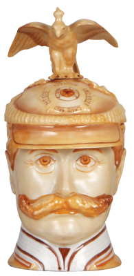 Character stein, .5L, porcelain, marked Musterschutz by Schierholz, Wilhelm II, modern version from made the old mold, mint.   