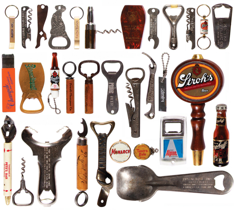 Thirty-two items, beer tap, bottle caps, knife, cork screws & bottle openers, Stroh’s, Monarch, Atlantic Tavern Pale,  Alpine Lager, Guinness, Koospol, Pilsner Urquell,  Fox Deluxe, Pete’s Bar. Oshkosh, Stroh’s, Carta Blanca, Champale, White Rock Water, G