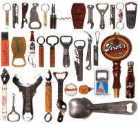 Thirty-two items, beer tap, bottle caps, knife, cork screws & bottle openers,&nbsp;Stroh&rsquo;s, Monarch,&nbsp;Atlantic Tavern Pale, &nbsp;Alpine Lager, Guinness, Koospol, Pilsner Urquell,&nbsp; Fox Deluxe, Pete&rsquo;s Bar. Oshkosh, Stroh&rsquo;s, Carta Blanca, Champale, White Rock Water, G
