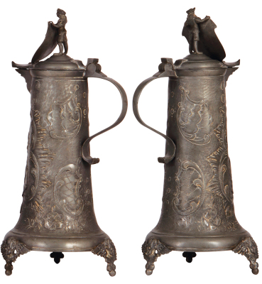 Pewter flagon,, 15.0" ht., footed, relief, made c.1880, minor dents, overall good condition. - 2