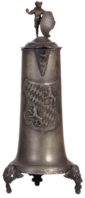 Pewter flagon, 14.0" ht., footed, relief Bavarian coat-of-arms, made c.1890, .25" tear at rear, overall good condition.