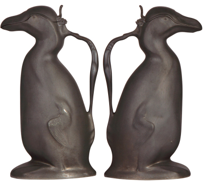 Pewter Krug, 11.5" ht., marked Kayserzinn, 4433, Penguin, designed by Hugo Leven, very good condition.   - 2