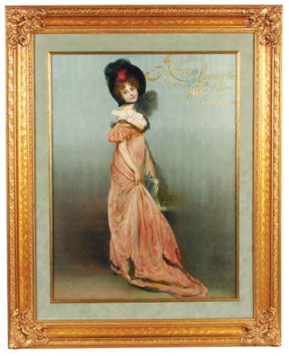 The American Brewing Co. lithograph on paper, framed 30.5" x 24.5", Brewers of A.B.C., no visible markings, professional framing & matting with glass, ribbon on woman&rsquo;s neck, minor creases, otherwise very good condition.