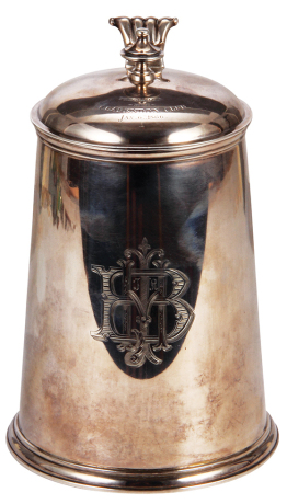 Silver stein, 7.7'' ht., 805 grams, hall mark sterling, Crosby & Morse, Boston, inscription on lid: Presented by the Clarendon Club, Jan. 6, 1866, very good condition. 